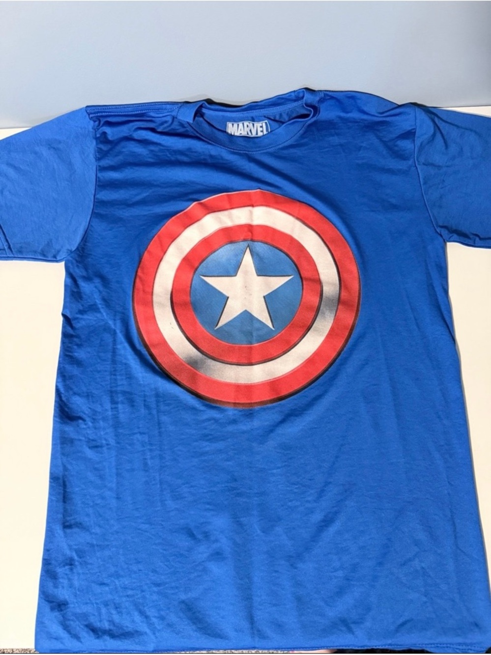 Marvel Blue and Red Crewneck Tee with Shield Accent
